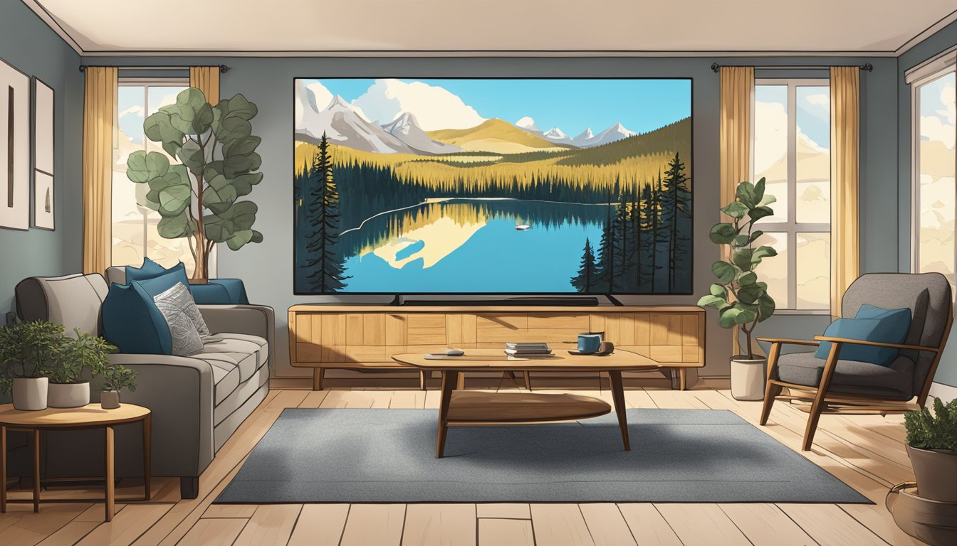 A cozy living room with a large TV displaying the iconic Yellowstone logo. A map of Sweden hangs on the wall nearby