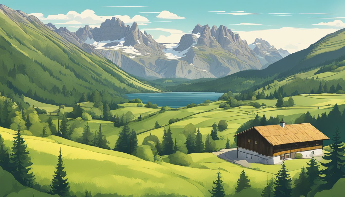 A Swiss countryside with a TV screen showing the Yellowstone series, surrounded by mountains and lush greenery