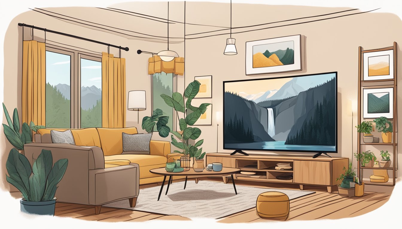 A cozy living room with a large TV displaying the show "Yellowstone" on a streaming service, surrounded by snacks and a comfortable sofa