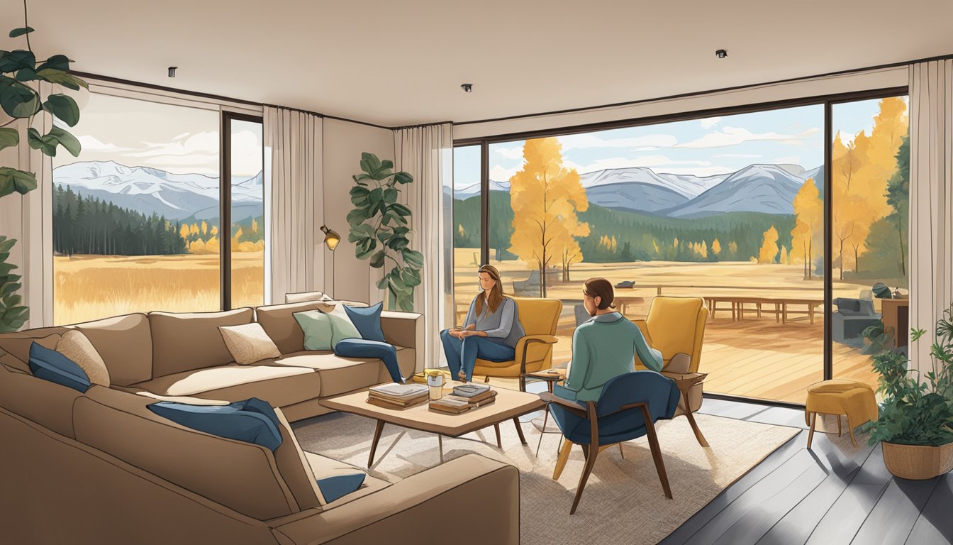 A serene Swedish living room with a large TV displaying the iconic landscapes of 'Yellowstone' as a family relaxes on the couch