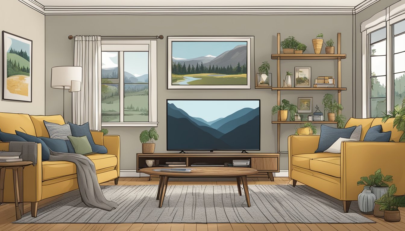 A cozy living room with a large TV screen showing the popular TV show "Yellowstone," surrounded by Scandinavian decor and comfortable seating