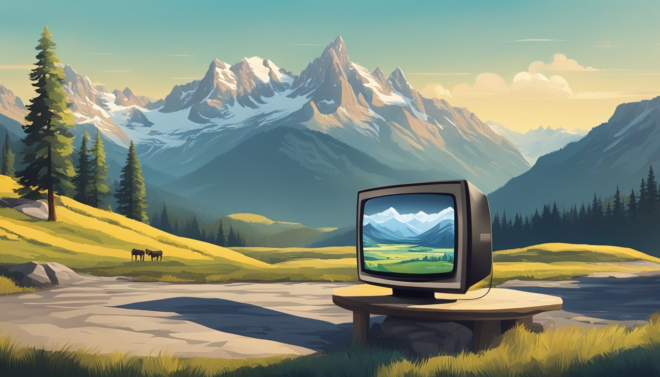 A picturesque Swiss landscape with a television playing the show "Yellowstone" against the backdrop of the stunning Alps