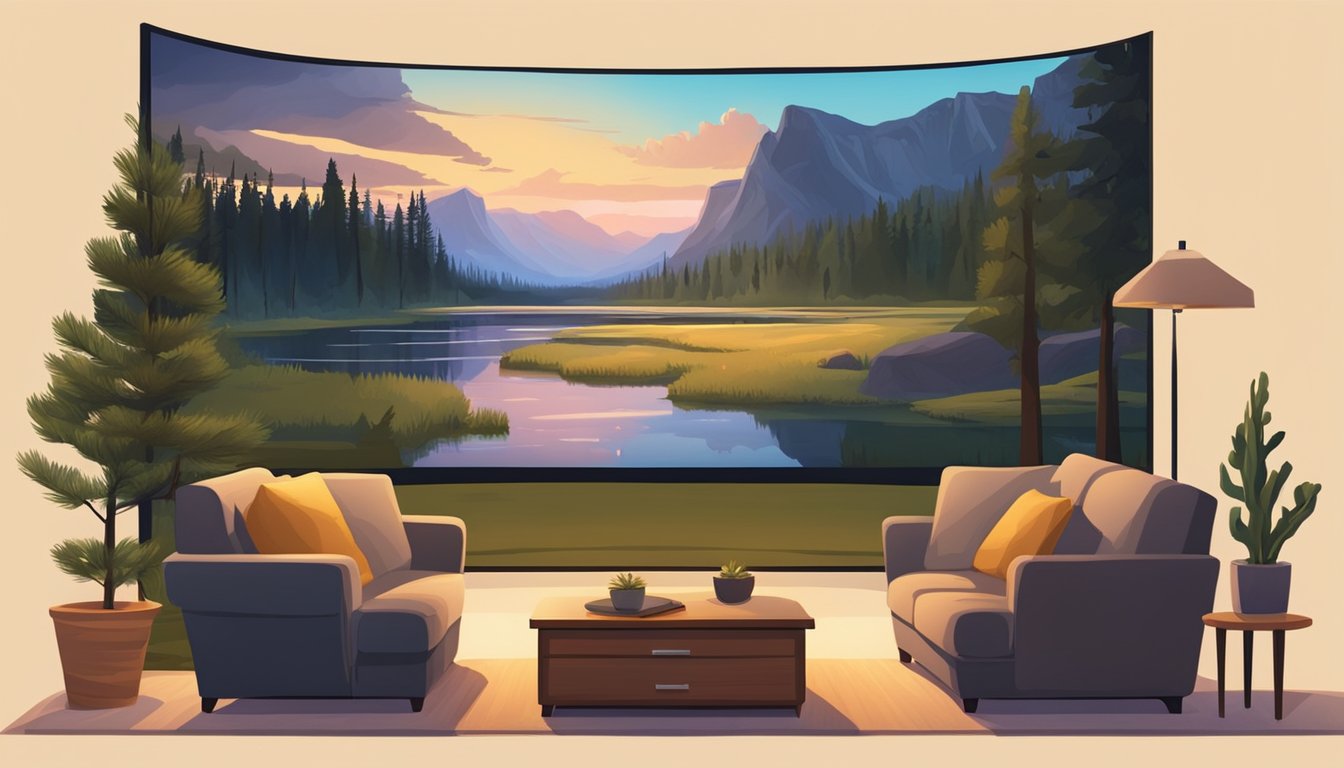 A picturesque Swedish landscape with a television screen showing the popular show "Yellowstone" surrounded by cozy furniture and warm lighting