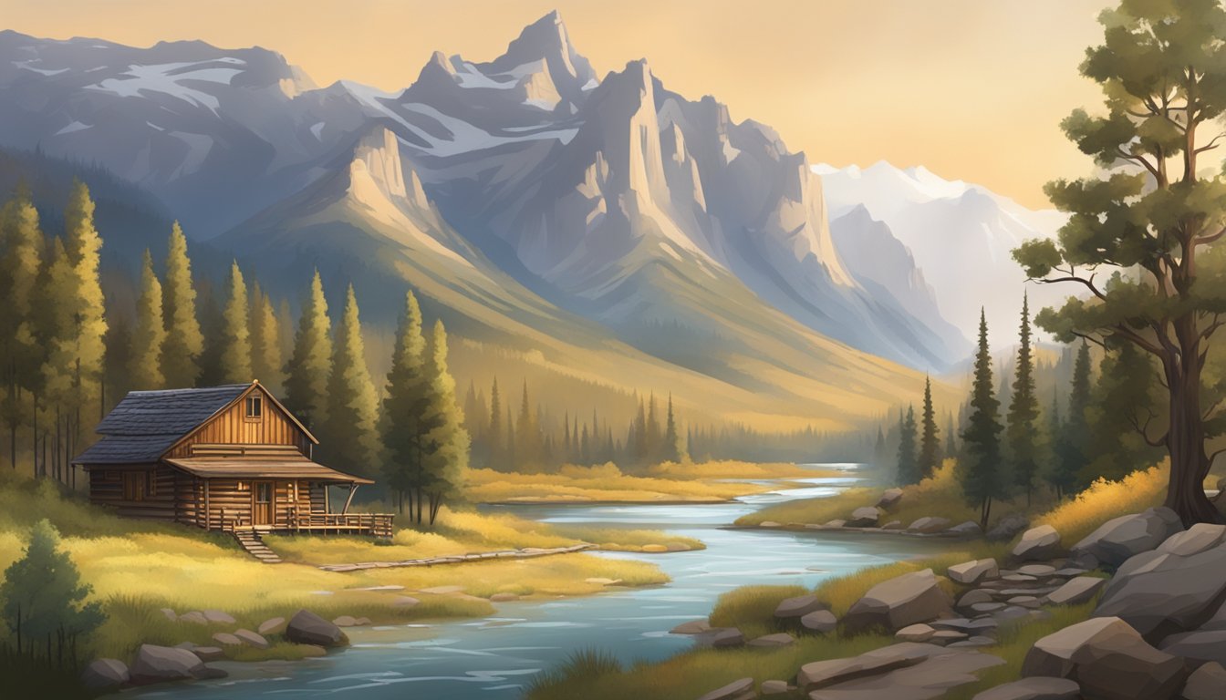 A rustic cabin in a sprawling western landscape, surrounded by rugged mountains and a winding river