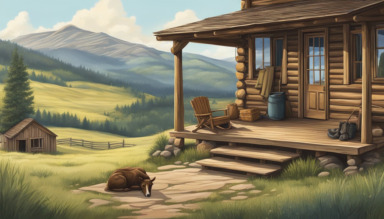 A rustic cabin in a remote wilderness, surrounded by rolling hills and grazing livestock. A cowboy hat and a pair of boots sit on the front porch