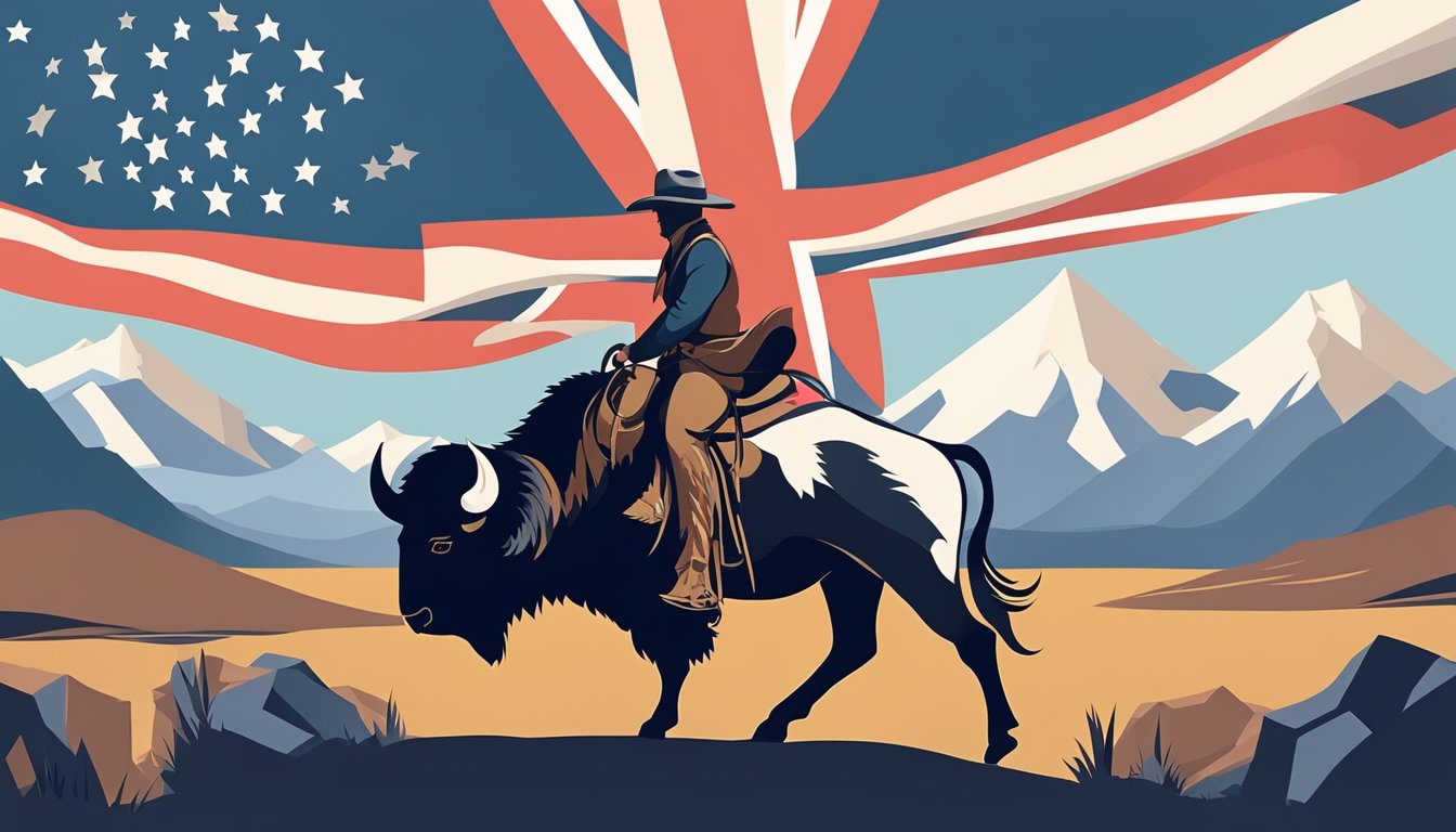 A landscape with a British flag flying in the wind, surrounded by iconic symbols of the American West, such as a cowboy hat, a bison, and a mountain range