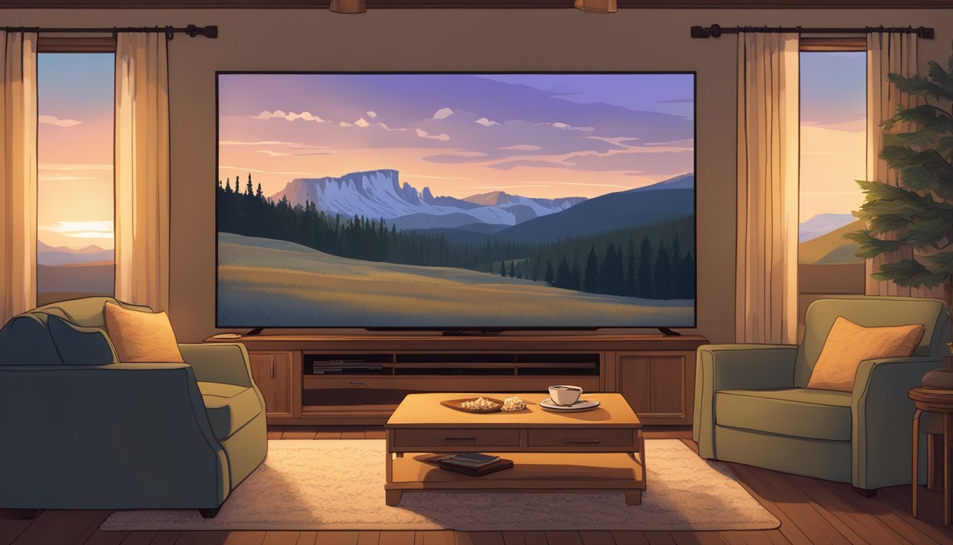 A cozy living room with a large TV displaying the scenic landscapes of Yellowstone National Park. A bowl of popcorn sits on the coffee table, and the room is dimly lit for a cinematic experience