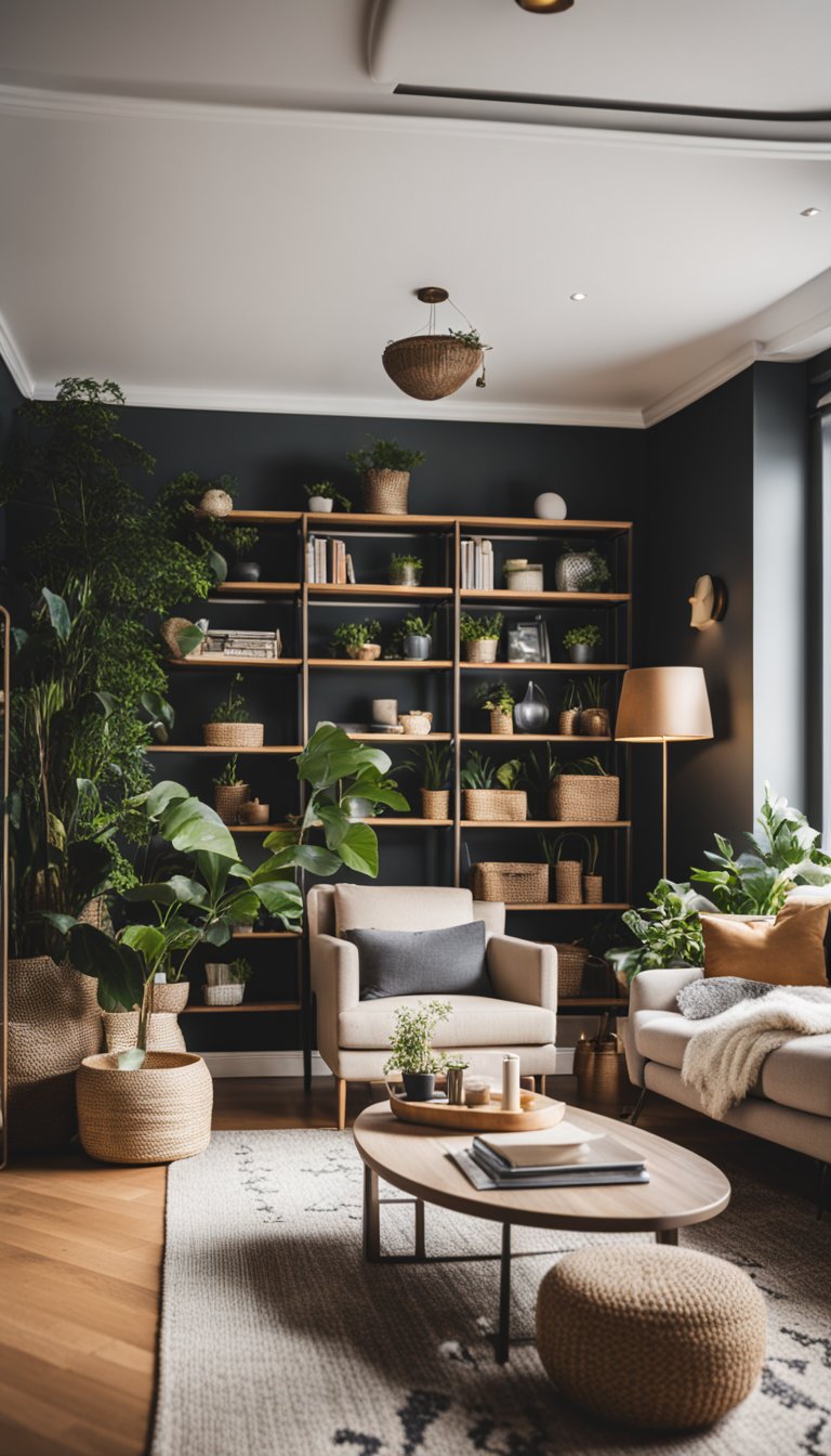 A small living room with a cozy sofa, a coffee table, a rug, and a few accent chairs arranged in a conversational layout. A bookshelf and some plants add warmth and character to the space