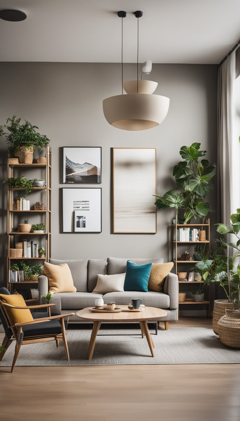 A small living room with vertical storage solutions, including floating shelves, wall-mounted cabinets, and a ladder bookshelf. A cozy sofa and accent chair are arranged around a coffee table, with plants and decorative items adding pops of color