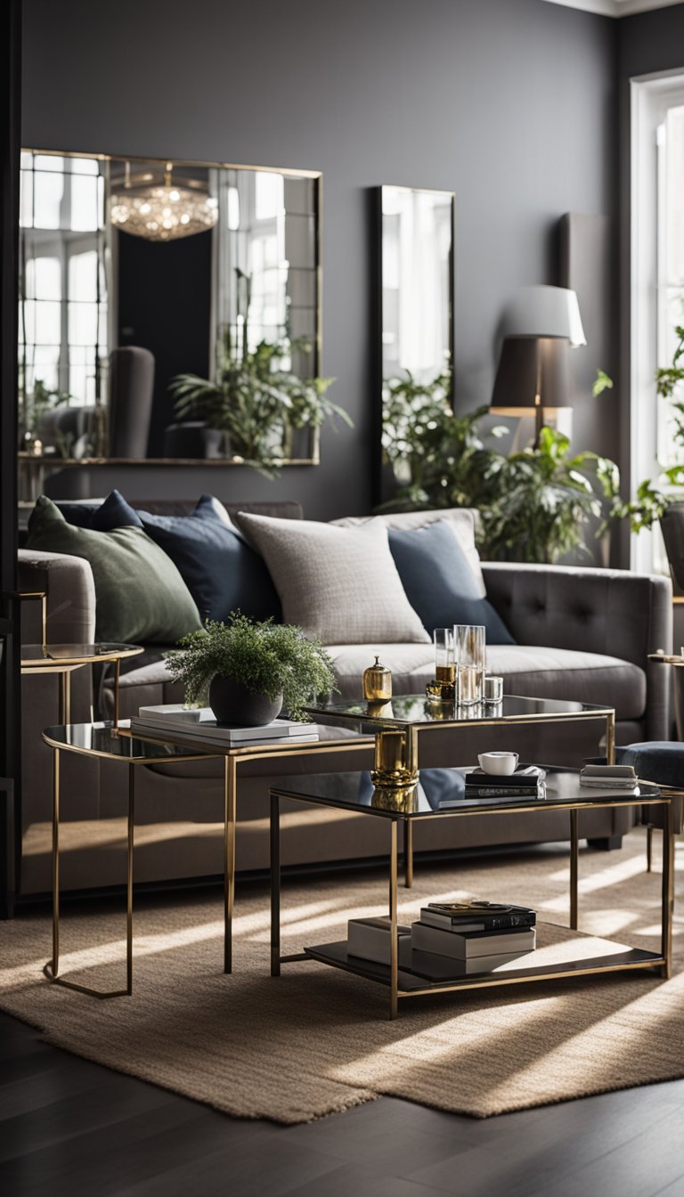 A small living room with mirrors on the walls, reflecting the furniture and decor to create the illusion of depth and space