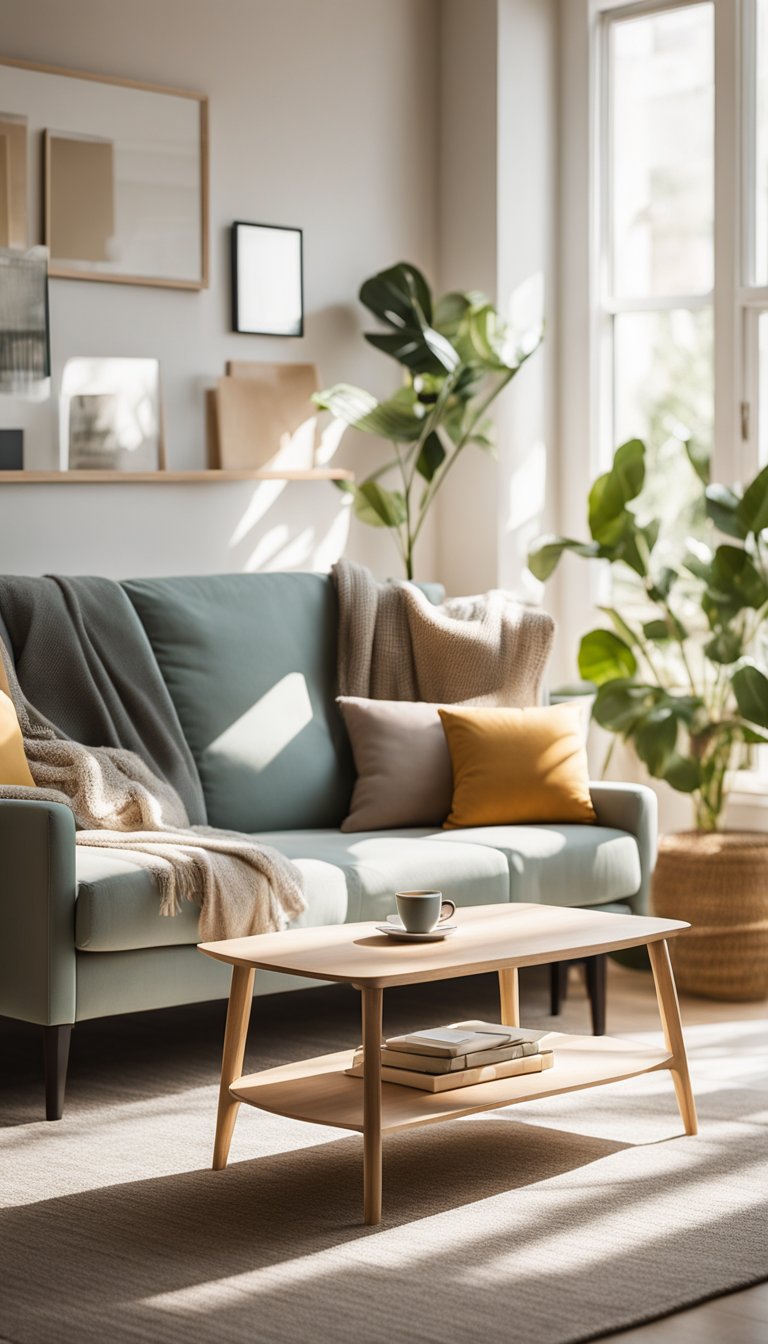 A small living room with light, airy colors, featuring a cozy sofa, a coffee table, and a few decorative accents. Sunlight streams in through the window, creating a warm and inviting atmosphere