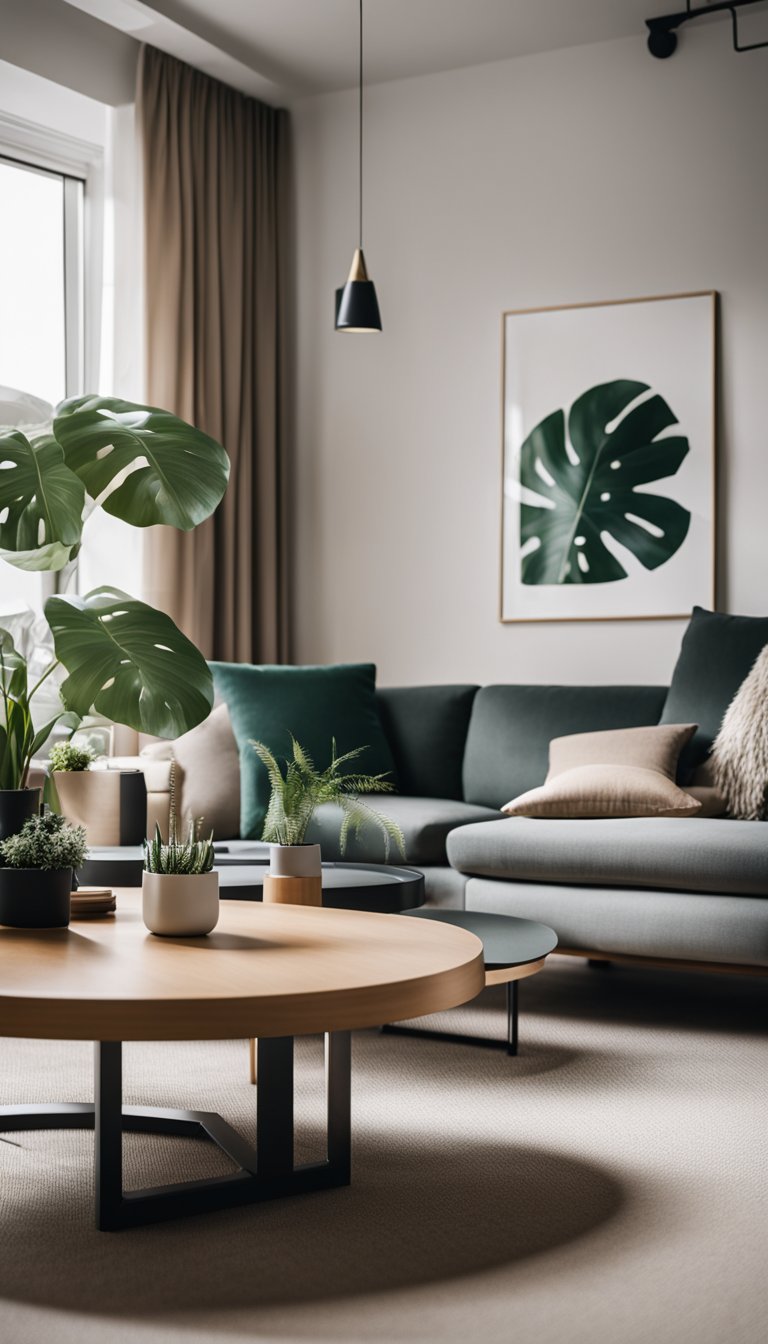 A small living room with a bold statement piece as the focal point, surrounded by minimalistic furniture and decor