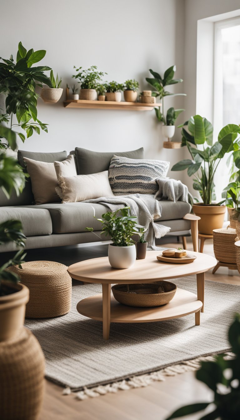 A small living room with floating shelves displaying decorative items. Cozy seating area with a rug and plants. Bright and airy atmosphere