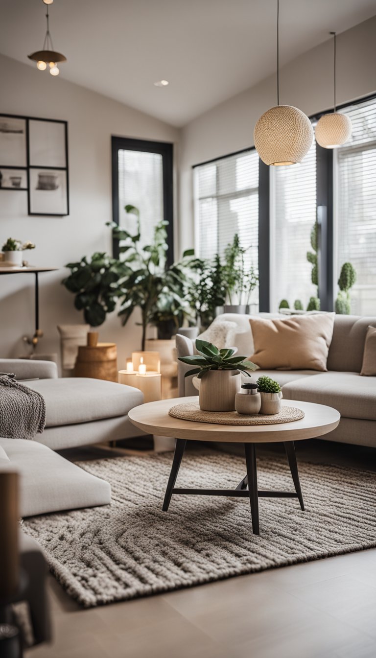 A cozy small living room with a neutral color scheme, a comfortable sofa, a small coffee table, a stylish rug, and a few decorative accents