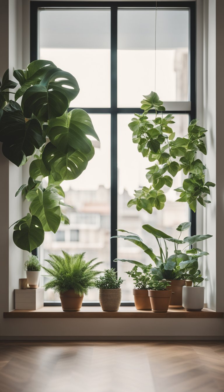 A cozy small living room with potted plants on the windowsill and a hanging plant in the corner, adding a natural touch to the space