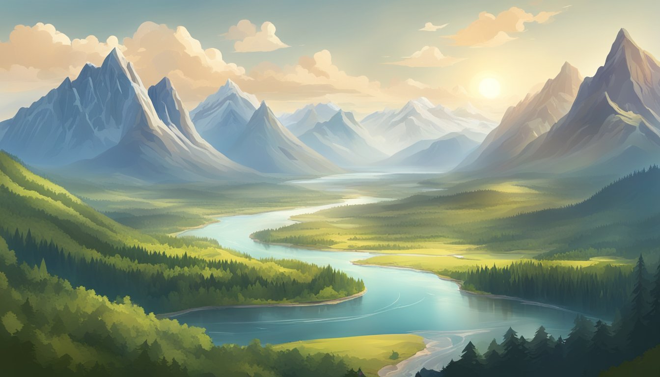 A vast and majestic landscape with towering mountains, sprawling forests, and a winding river, all set beneath a wide open sky