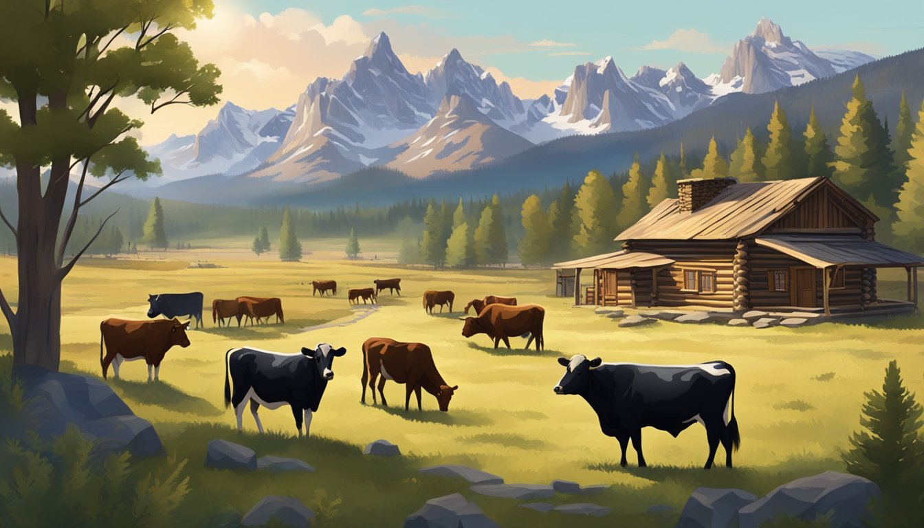 A sprawling ranch with rugged mountains in the background, a herd of cattle grazing, and a rustic log cabin nestled among the trees