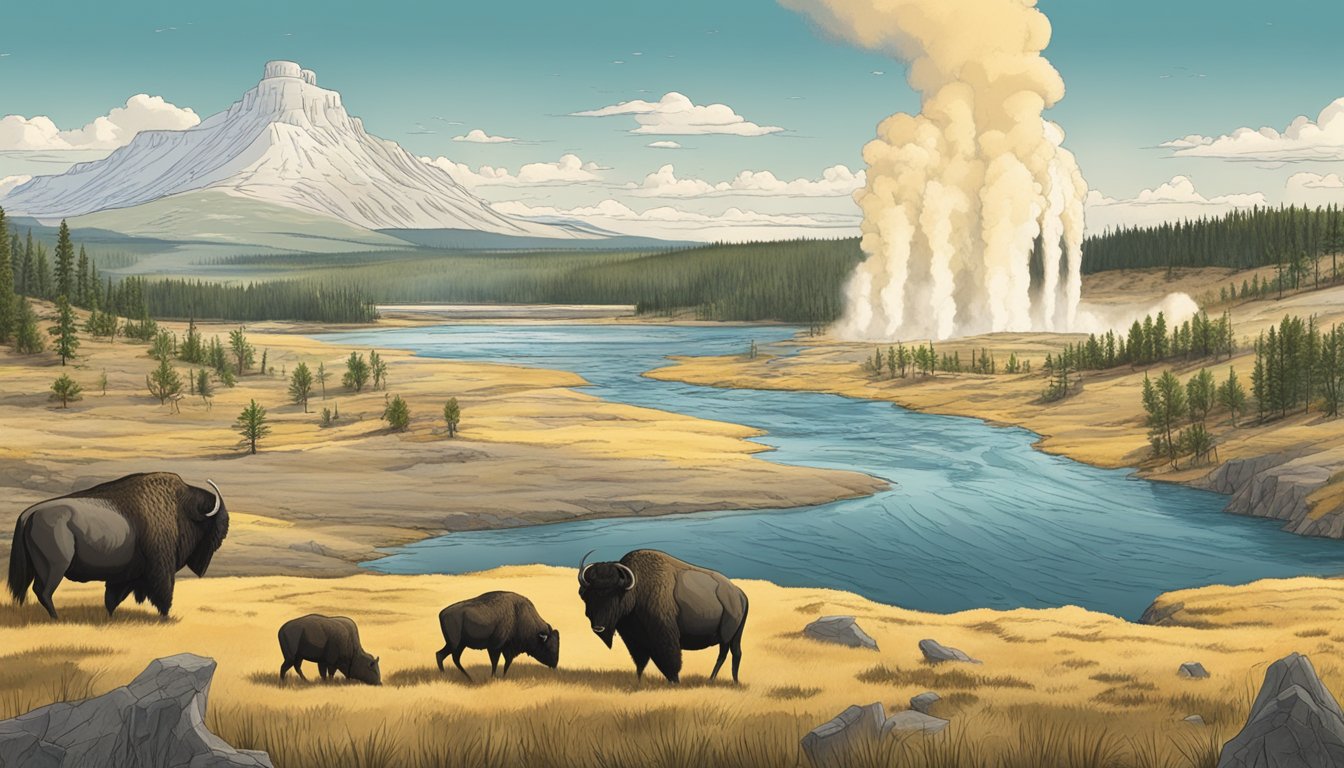 A vast and majestic landscape with geysers and wildlife, showcasing Yellowstone's historical and cultural significance