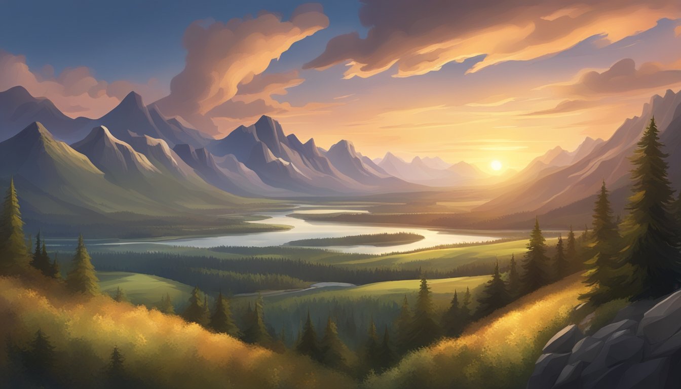 A sprawling landscape with mountains, forests, and a winding river, set against a dramatic sunset sky