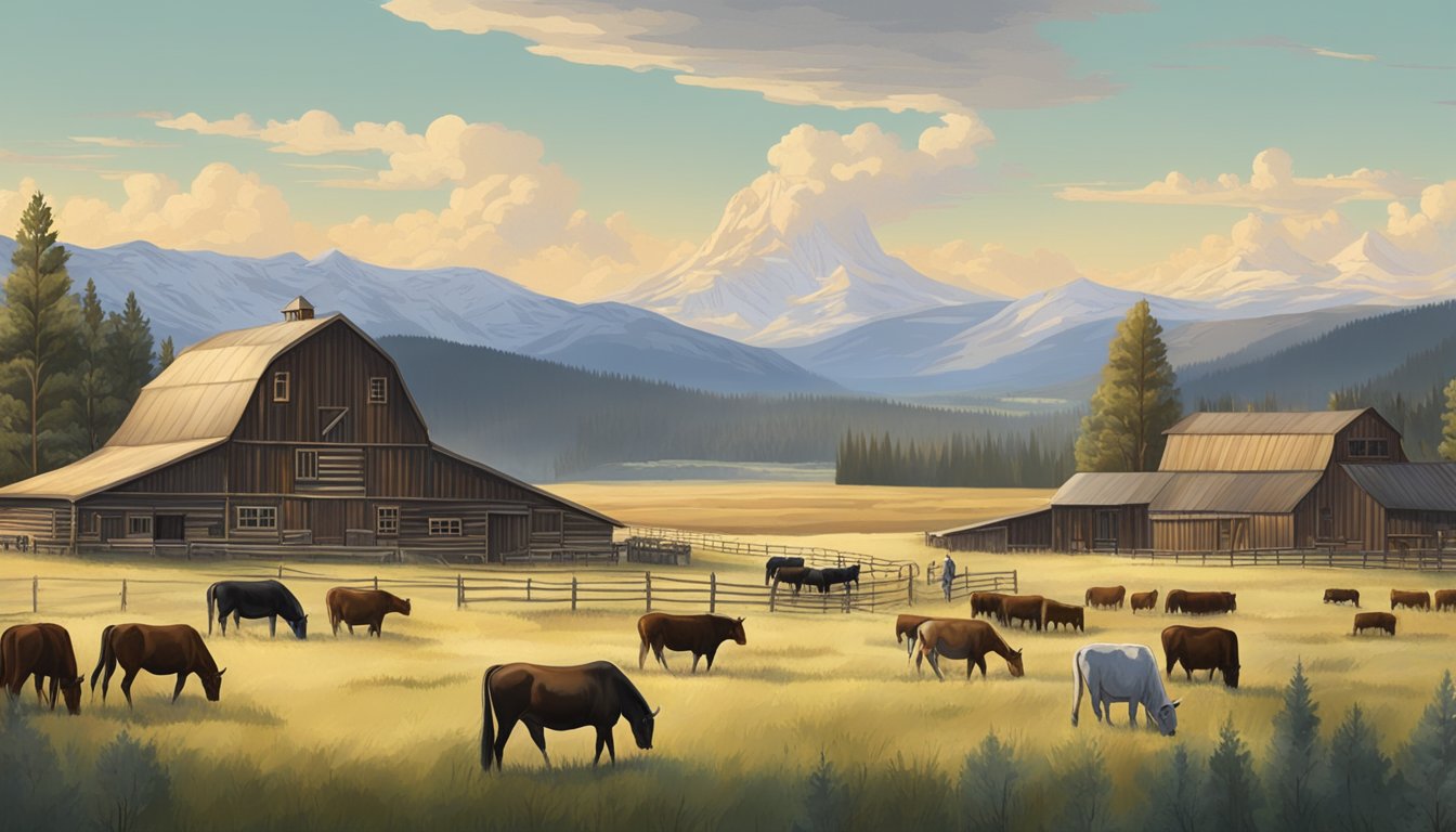 A sprawling ranch with cattle, horses, and barns against the backdrop of the majestic Yellowstone National Park