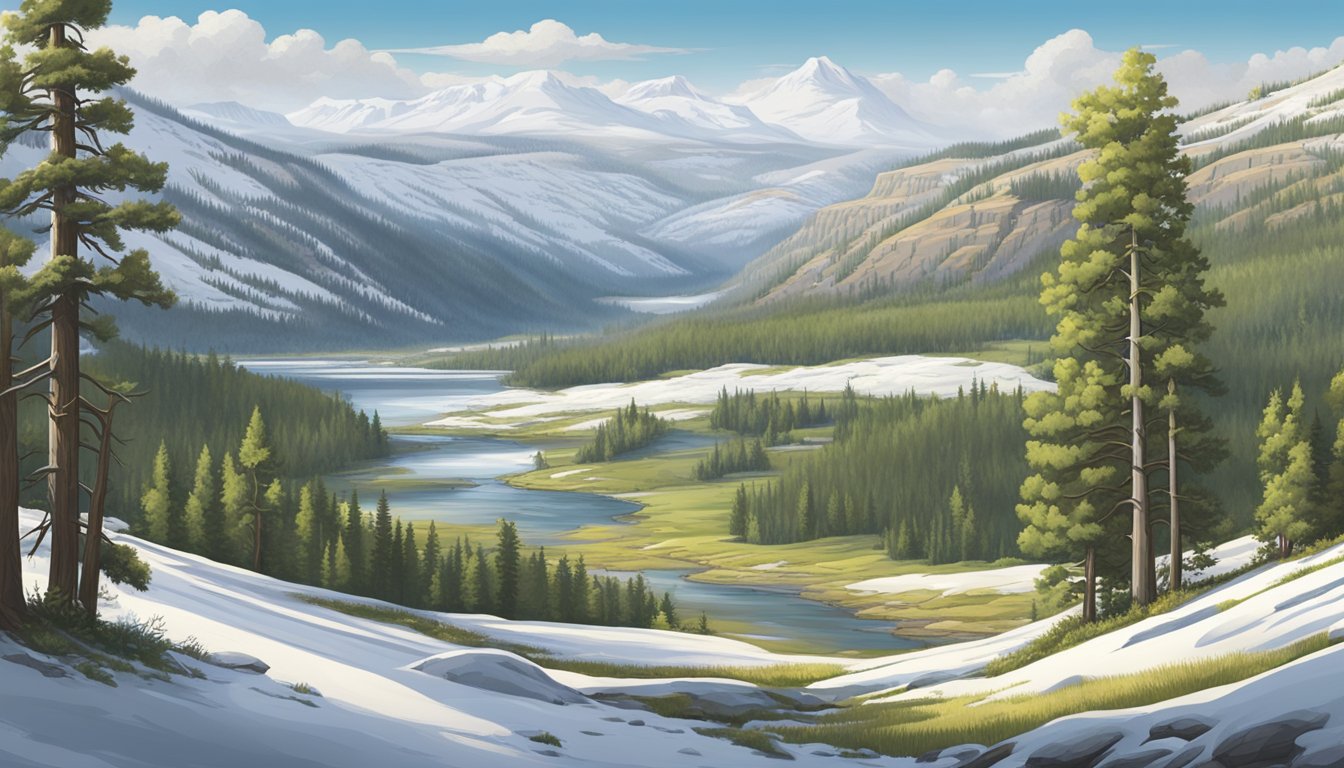 A serene landscape transitions from lush greenery to snow-covered terrain, capturing the seasonal evolution in Yellowstone