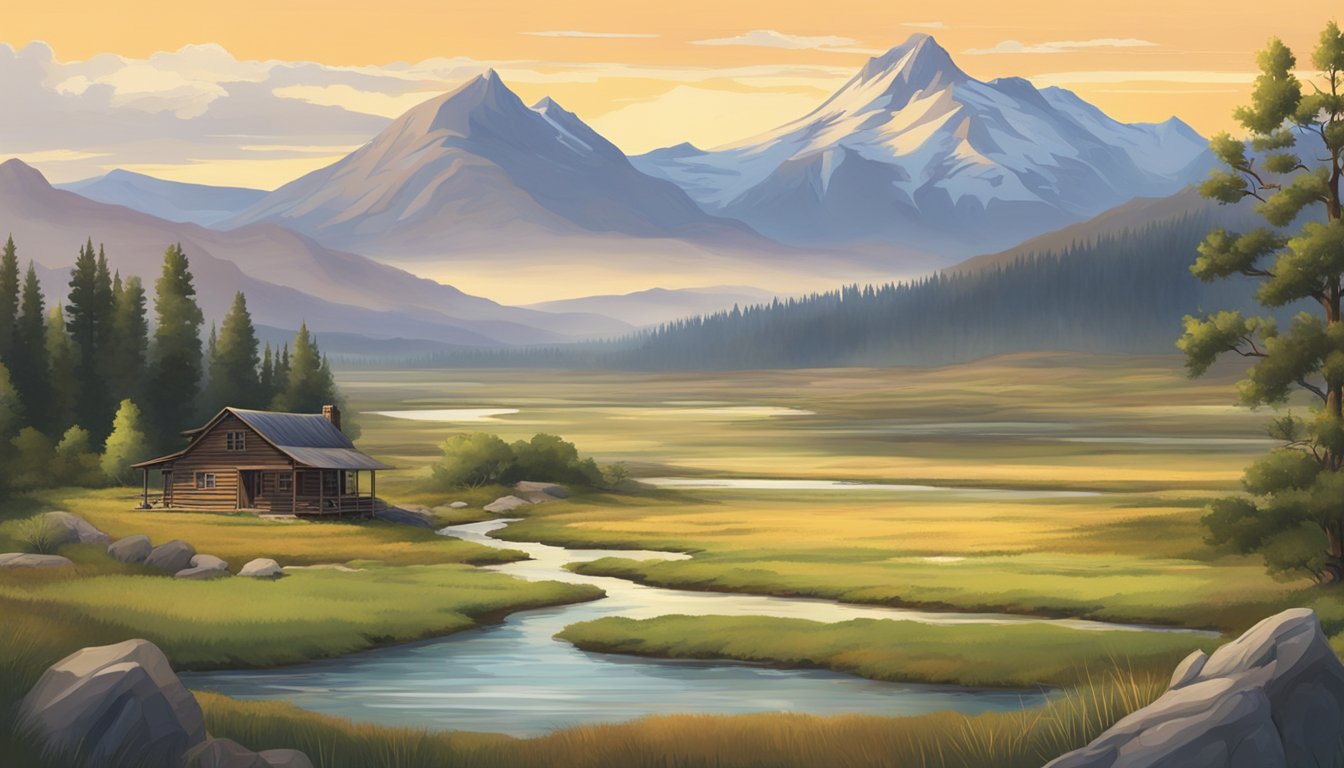 A vast, rugged landscape with mountains, forests, and a flowing river. A lone ranch house sits in the distance, surrounded by open plains