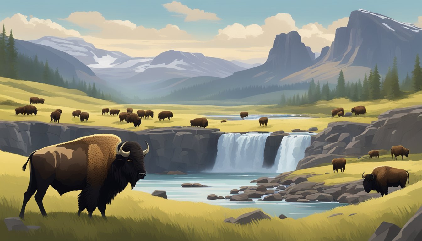 A scenic view of a rugged landscape with a majestic waterfall and a herd of bison grazing in the distance