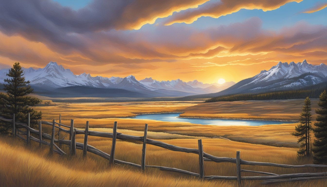 The Yellowstone series ends with a dramatic sunset over the rugged Montana landscape, casting a warm glow over the sprawling ranch and snow-capped mountains