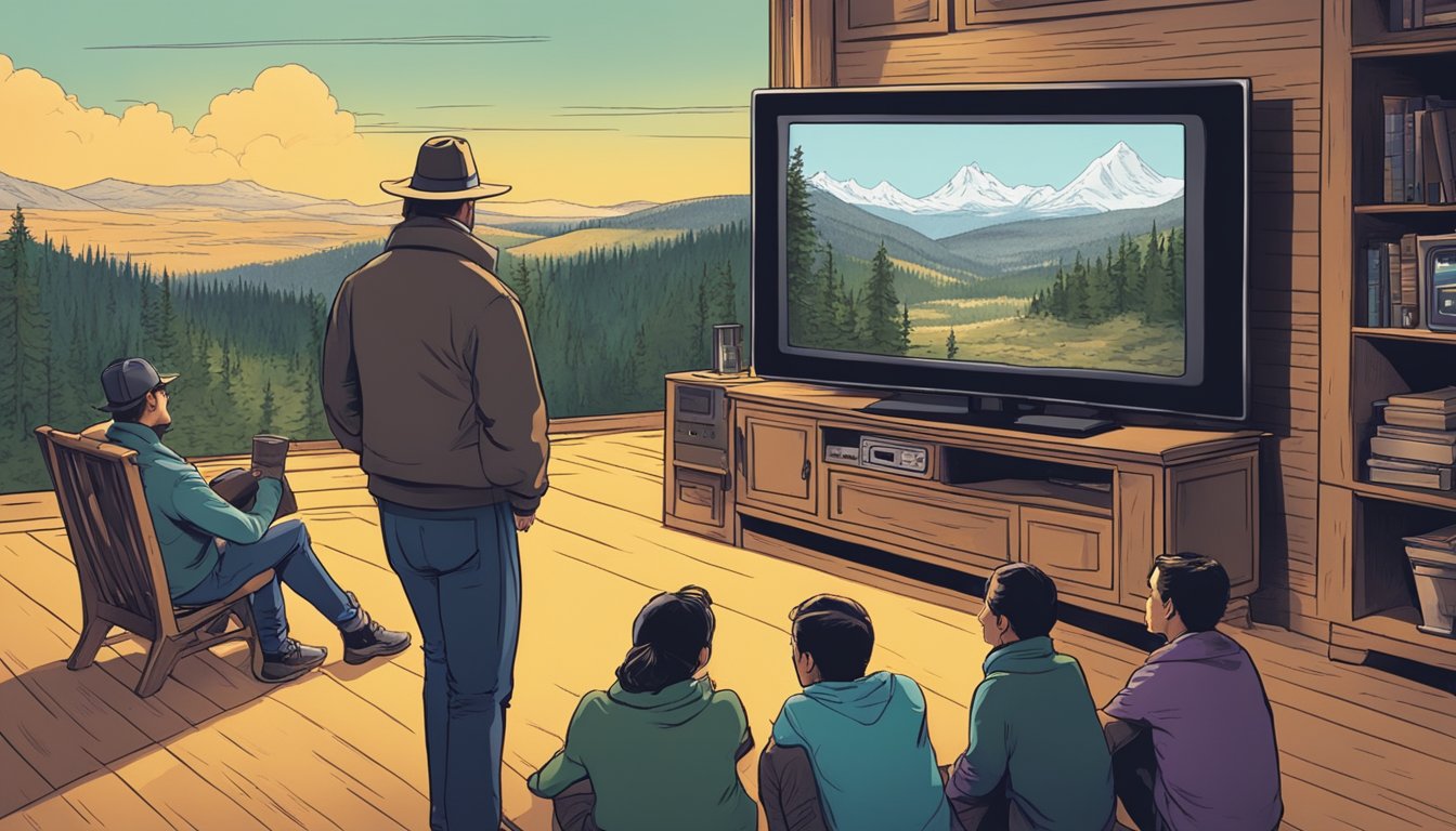 A group of people gathered around a TV, watching the Yellowstone series with intense focus and excitement