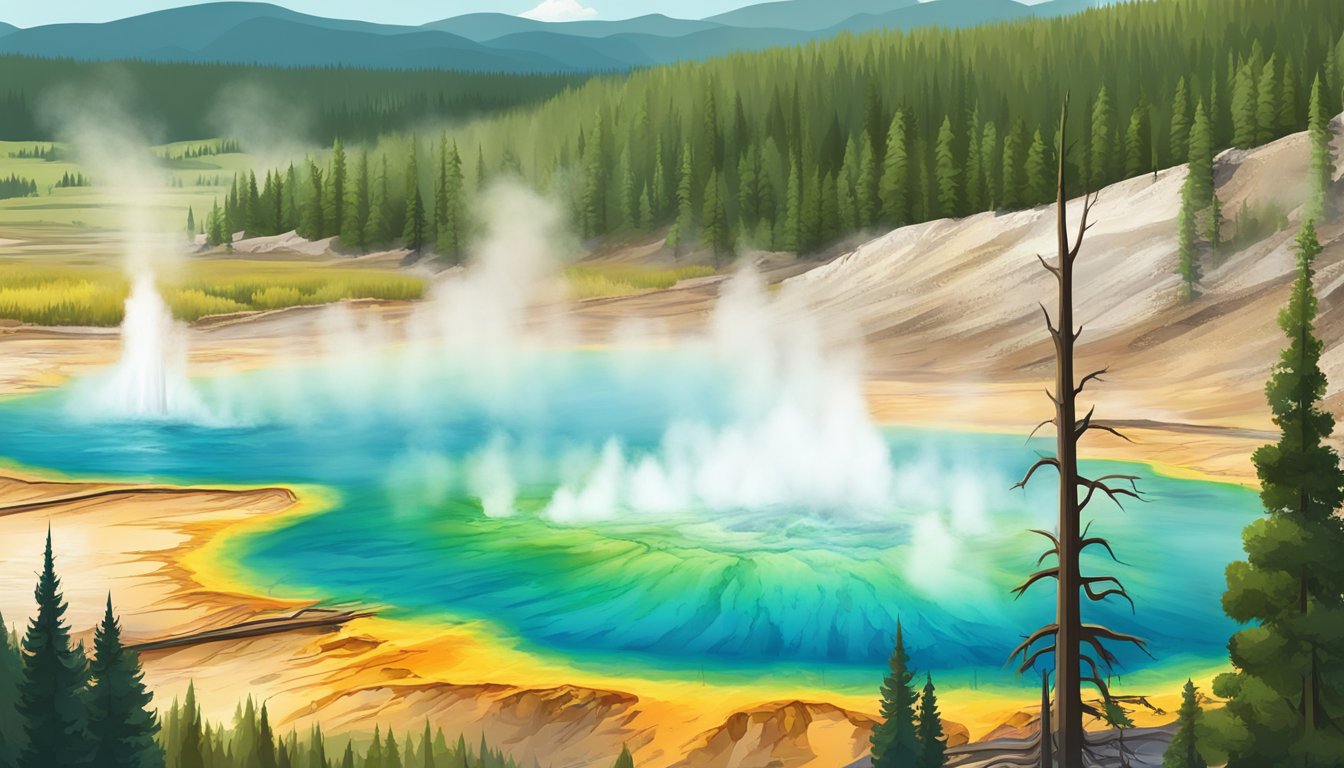 A panoramic view of Yellowstone National Park with colorful geysers and lush forests