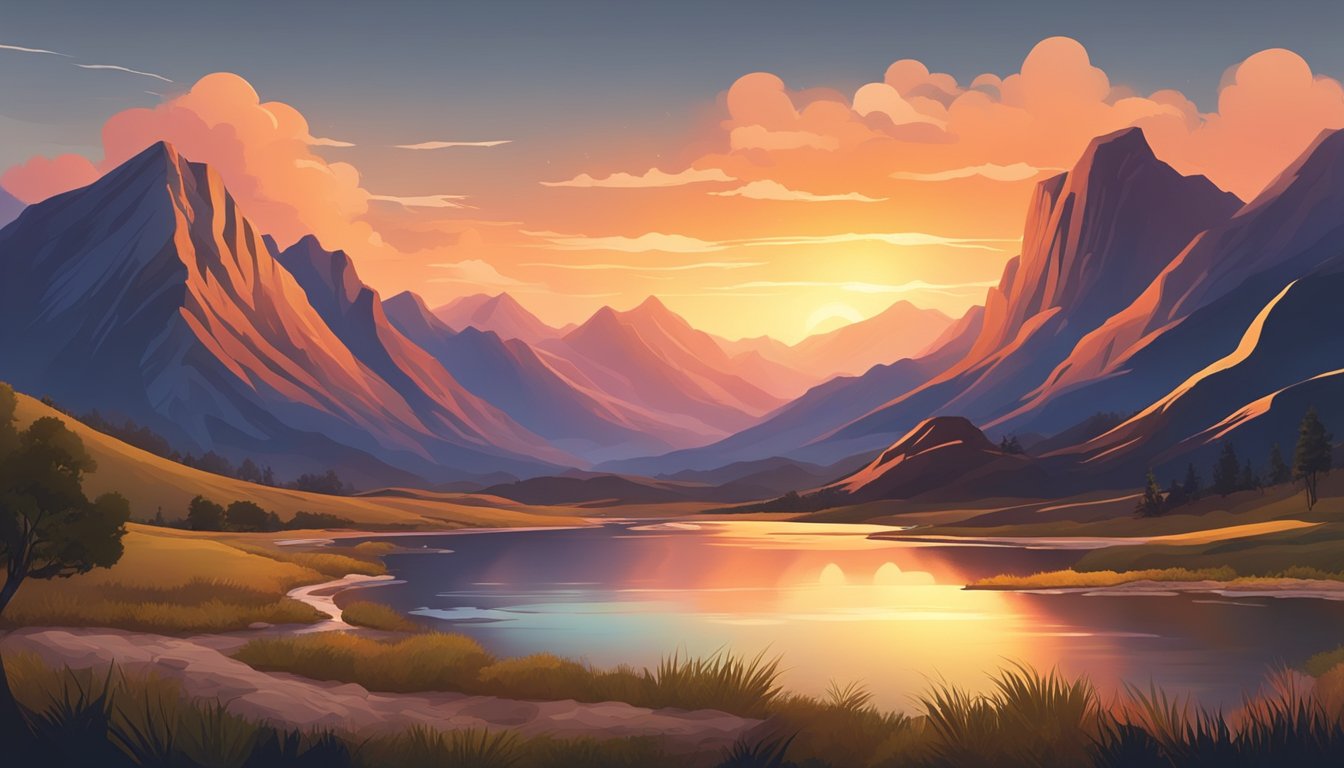 A dramatic landscape with a rugged mountain range and a winding river, set against a fiery sunset sky