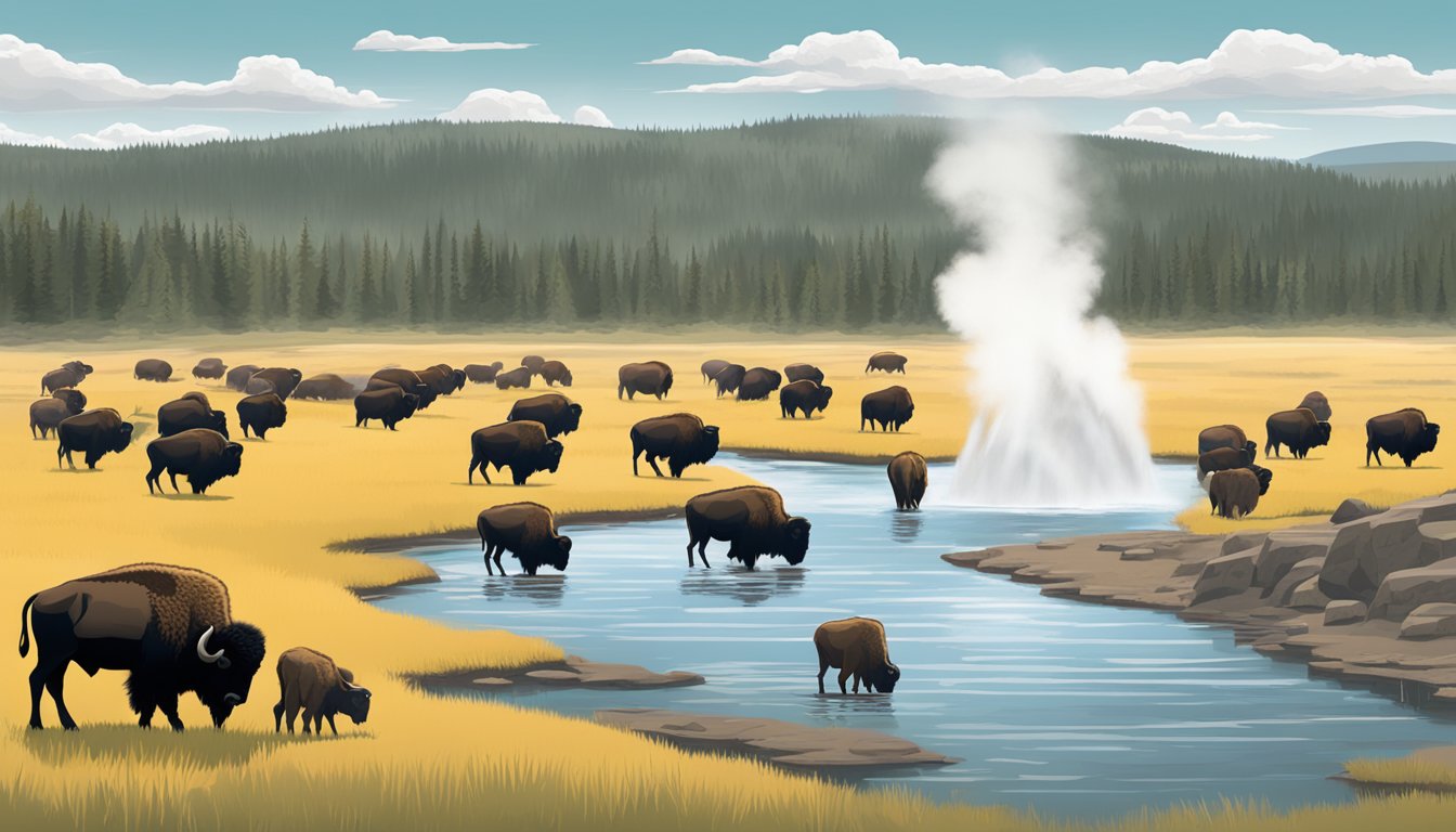 A herd of bison grazes peacefully in the grassy plains of Yellowstone National Park, with the iconic geysers in the background