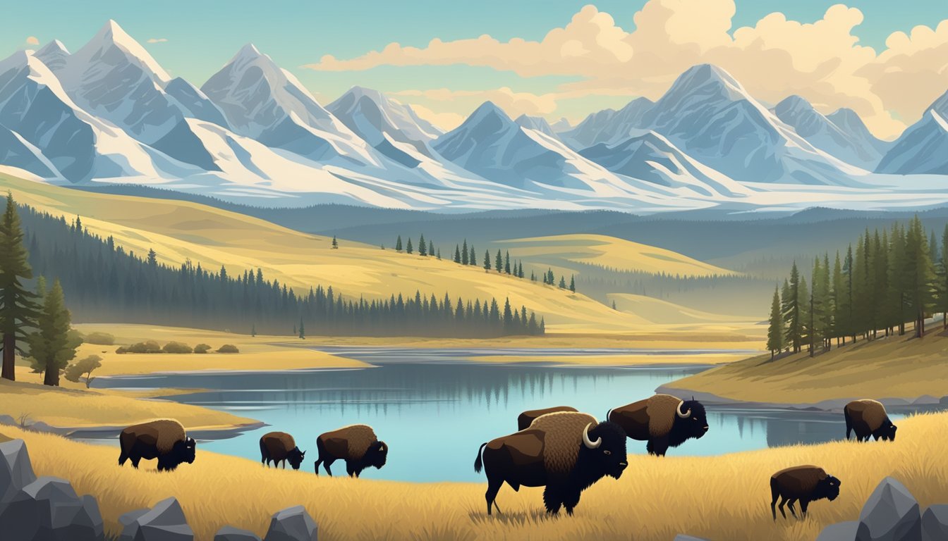 A sprawling landscape with a winding river, snow-capped mountains, and a herd of bison grazing in the distance