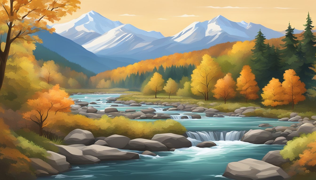 A serene landscape with changing foliage, snow-capped mountains, and a flowing river, representing the passing of time and seasons