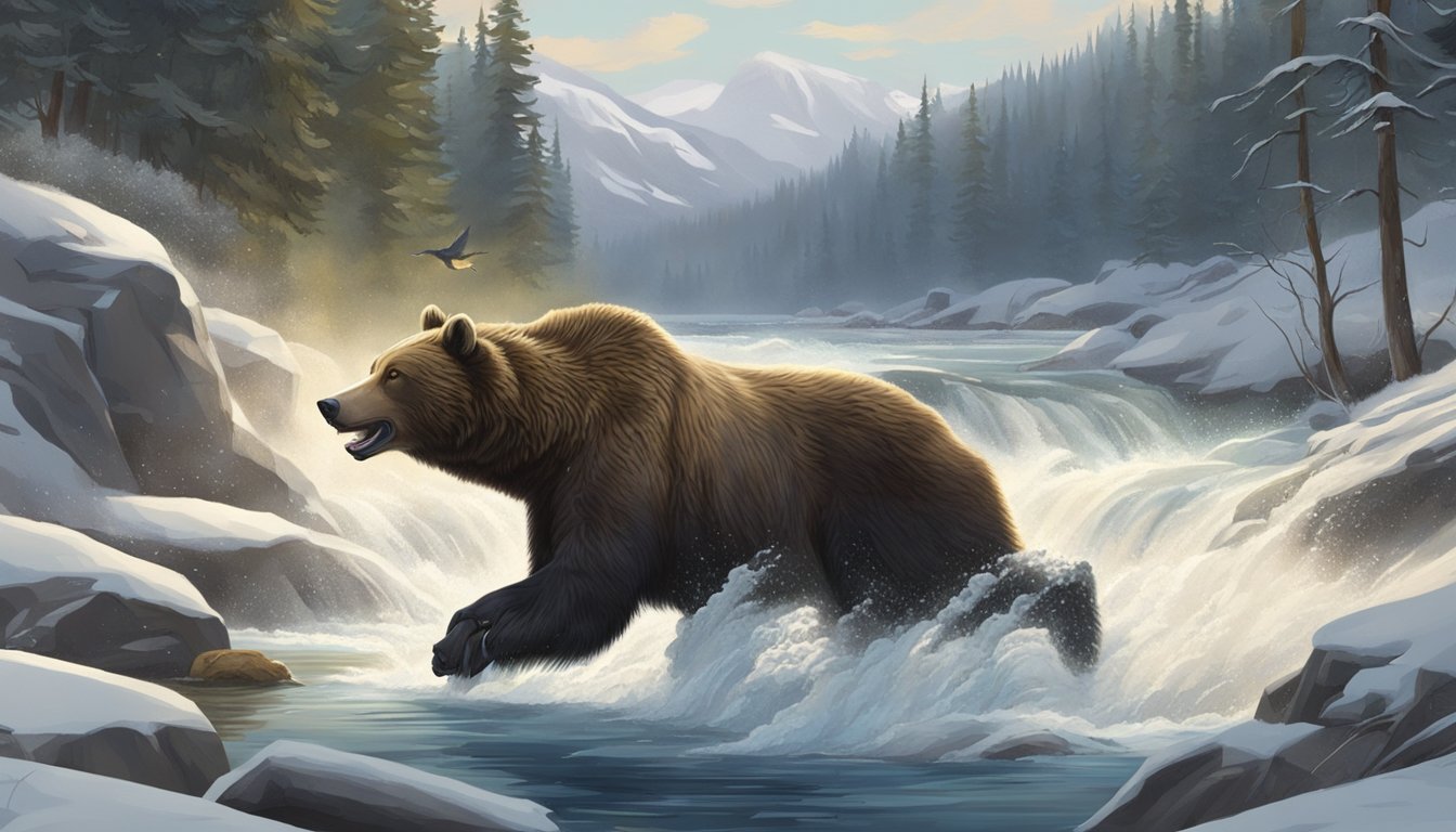 A bear catches a fish in a rushing river, while a wolf takes down a weakened elk in a snowy meadow