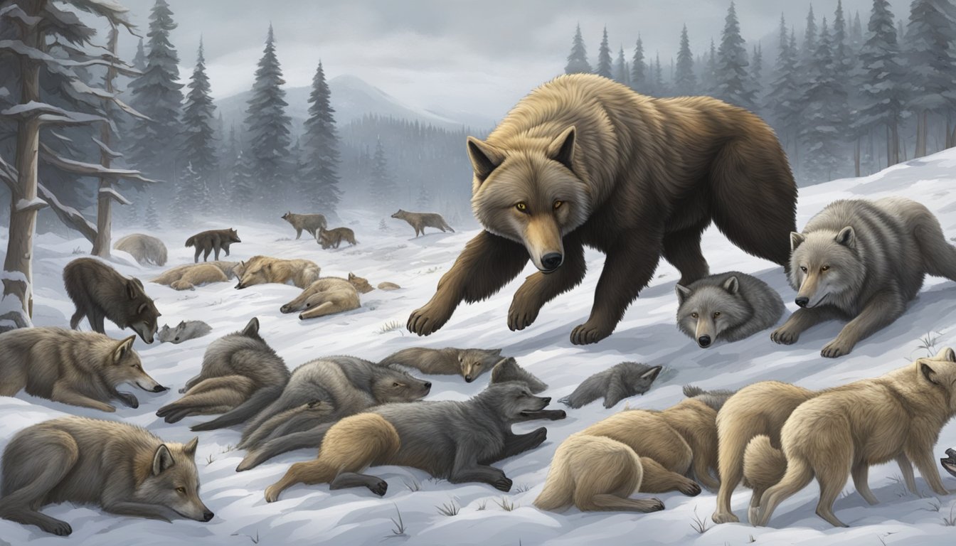 Multiple animal carcasses scattered in a snowy clearing, with a pack of wolves feasting on one, while a bear scavenges another