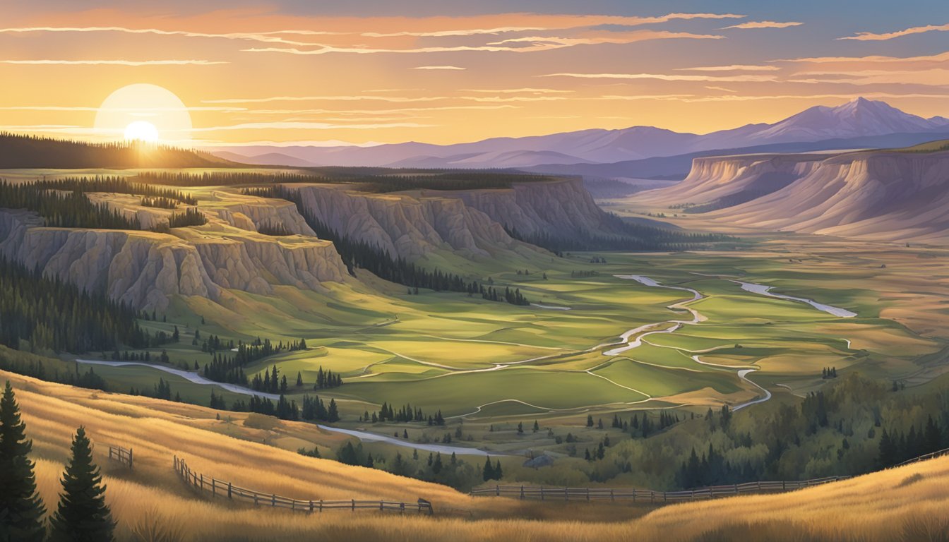 A sweeping aerial shot of the rugged Yellowstone landscape at sunset, with the iconic Dutton Ranch nestled in the valley below