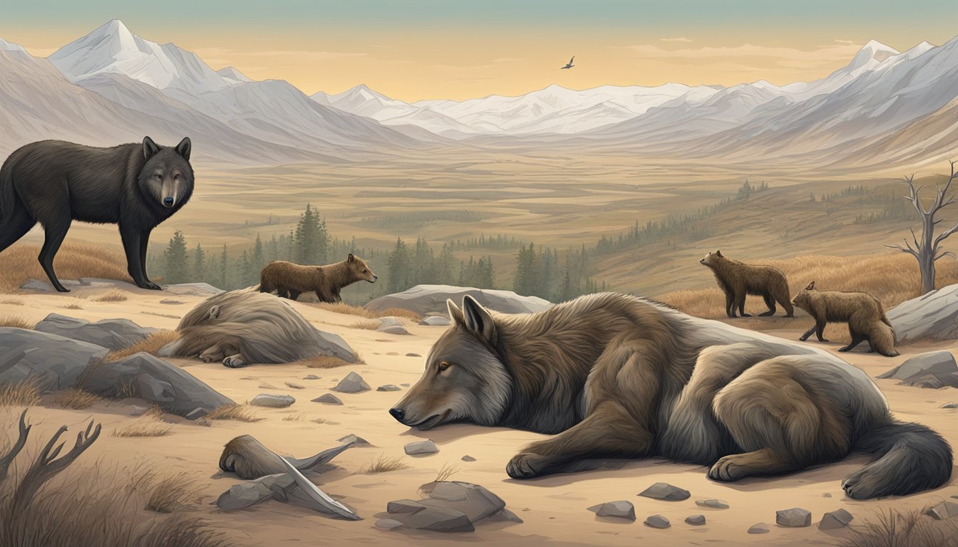 Several dead animals lie on the ground, including a deer, a wolf, and a bear, all surrounded by a rugged and desolate landscape