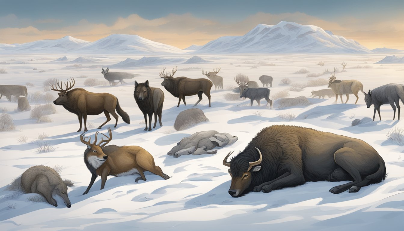 Several deceased animals lie scattered across a snowy landscape, including a wolf, a deer, and a bison. The scene is desolate and haunting, with no signs of life