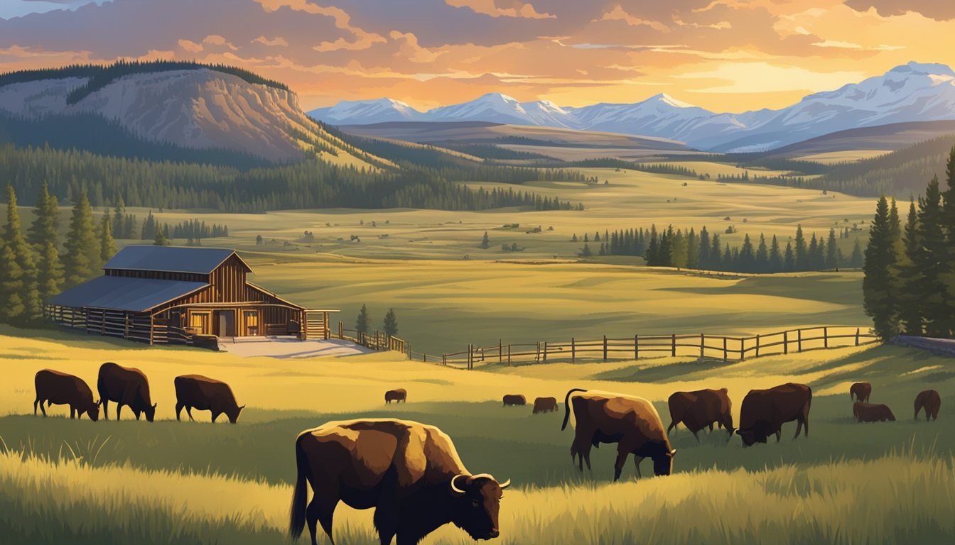 A panoramic view of the iconic Yellowstone ranch, with rolling hills, grazing livestock, and a dramatic sunset in the background