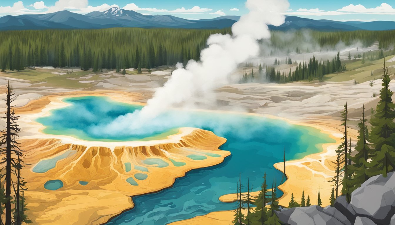 Aerial view of Yellowstone National Park with iconic geysers and wildlife