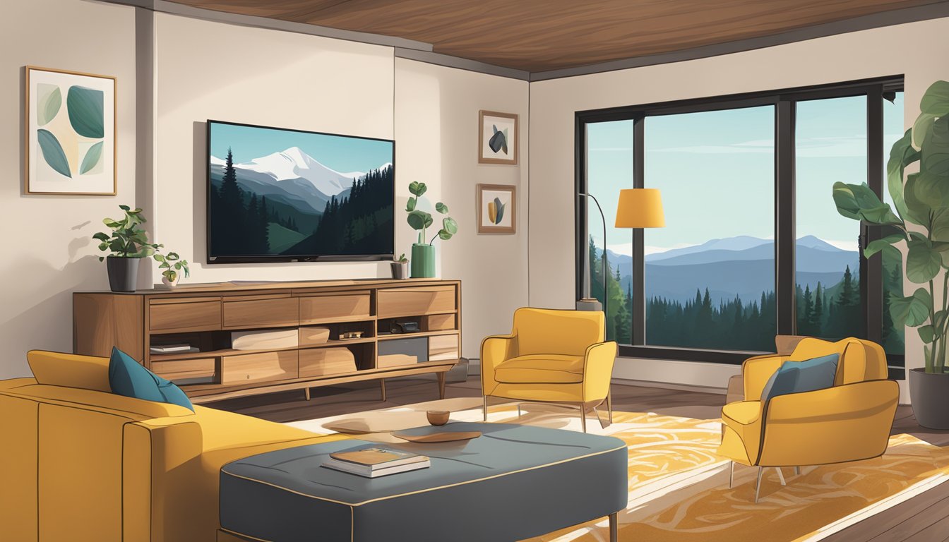 A cozy living room with a TV screen displaying the Yellowstone series 5. A remote control sits on the coffee table