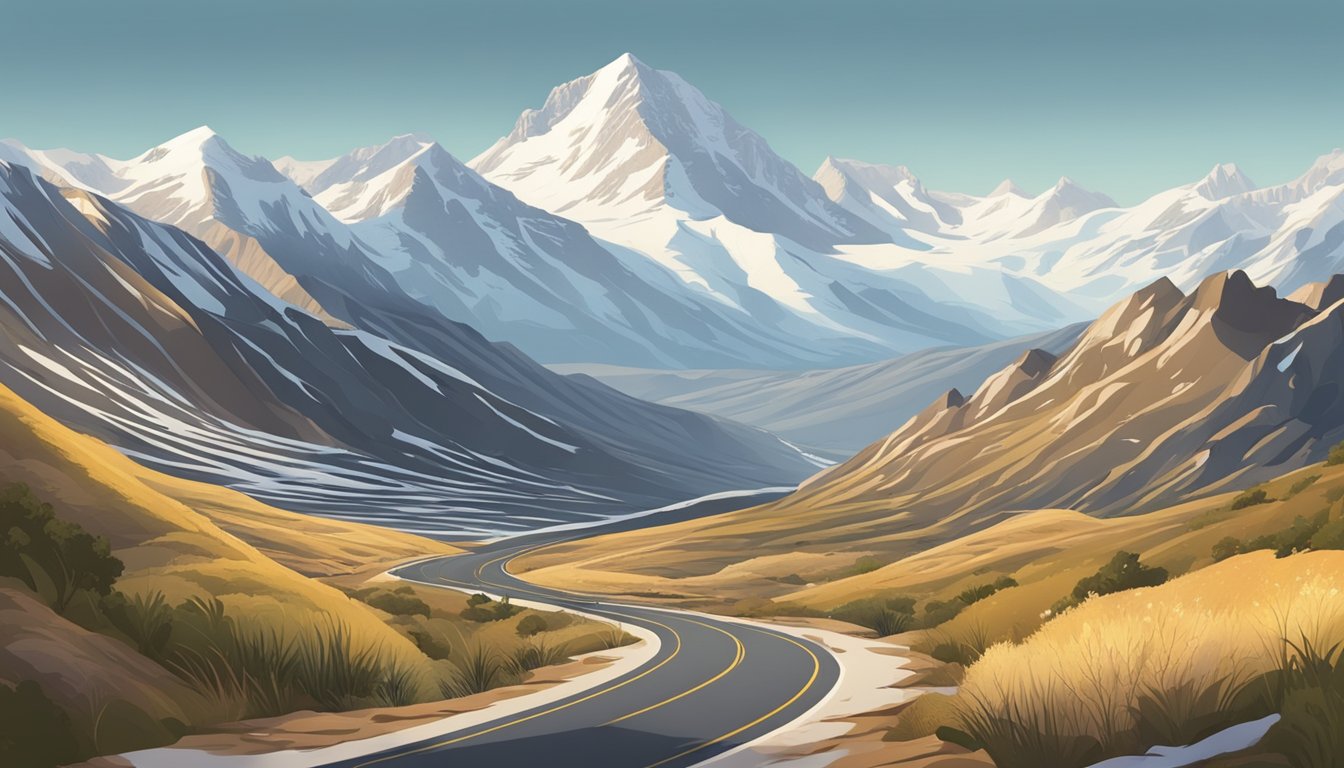 A winding road stretches through a vast, rugged landscape with snow-capped mountains in the distance