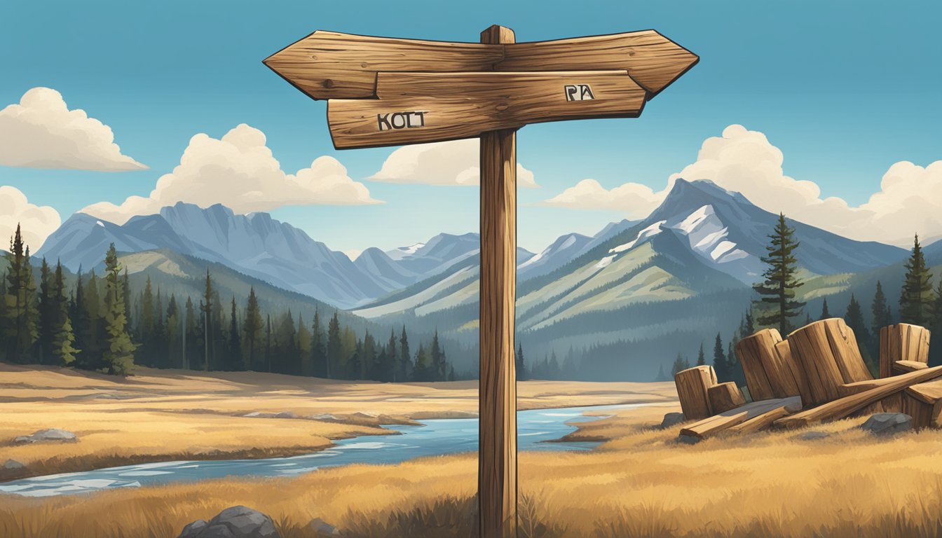 A rustic wooden signpost points to various locations in the Yellowstone series 6, set against a backdrop of sprawling mountains and a clear blue sky