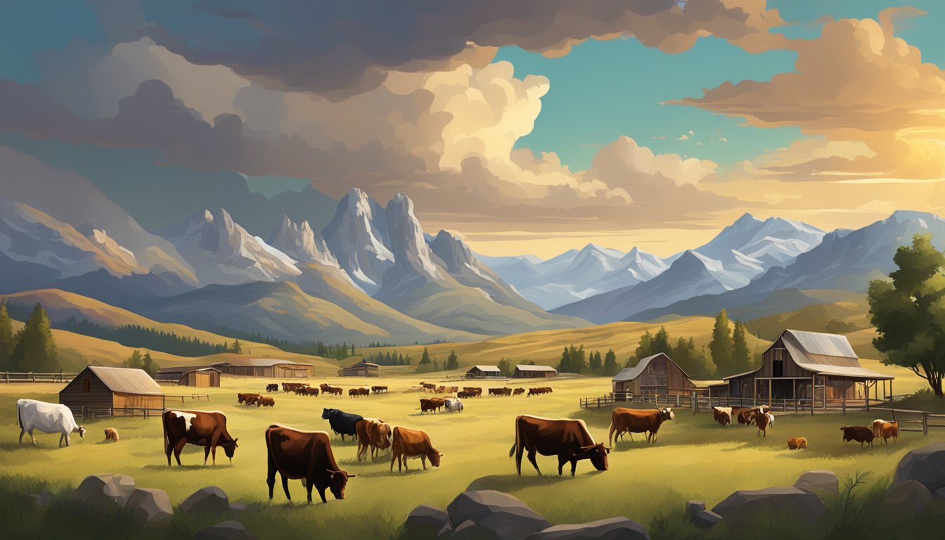 A sprawling ranch with cattle, mountains, and a dramatic sky