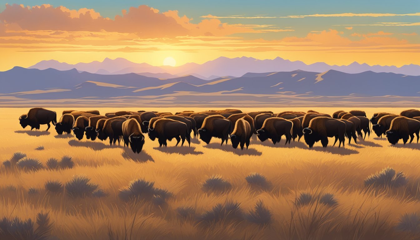 A herd of bison grazing in a vast, open prairie under the golden glow of the setting sun