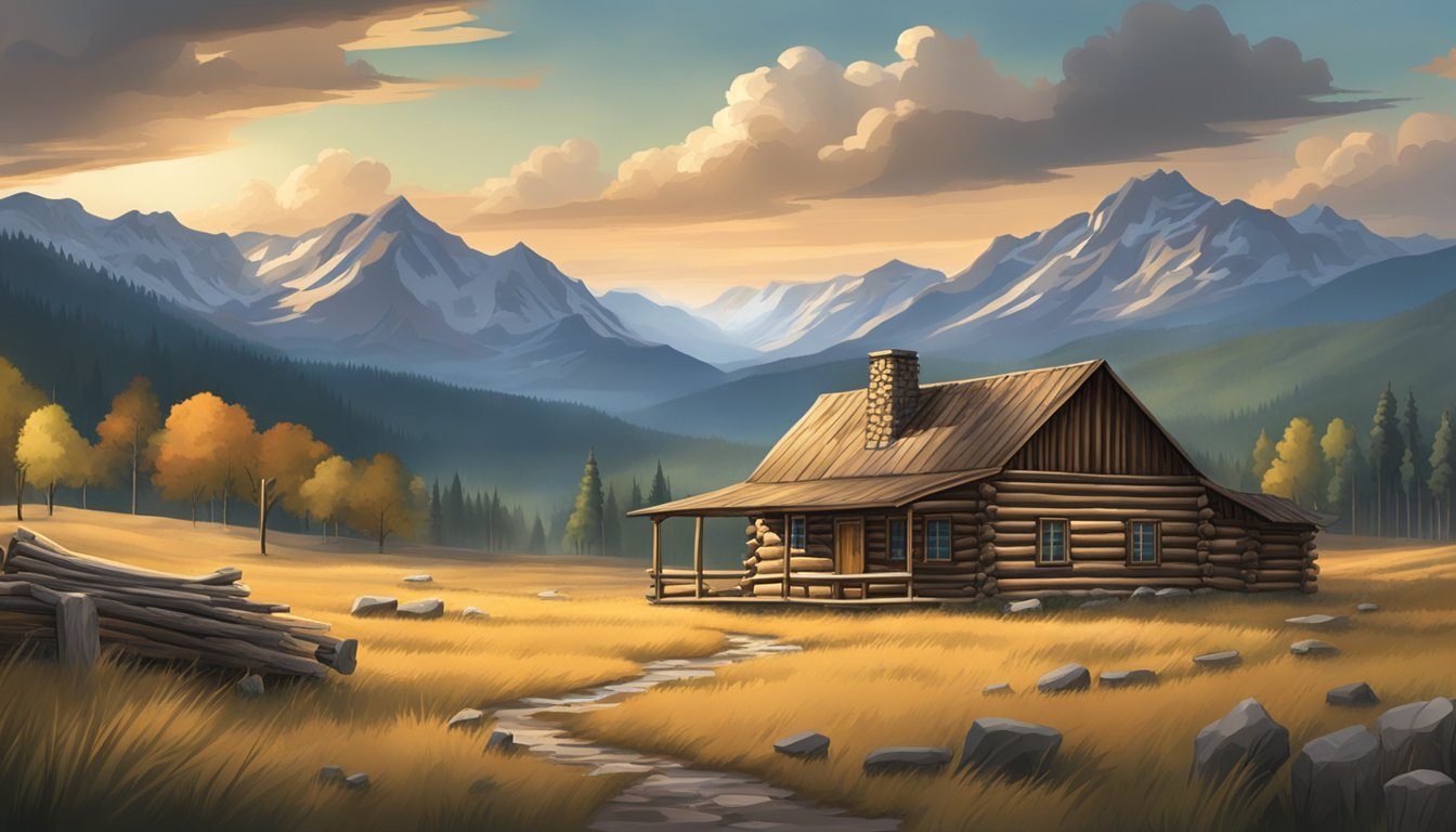 A rugged landscape with a rustic log cabin and a sprawling ranch, set against a backdrop of mountains and a dramatic sky