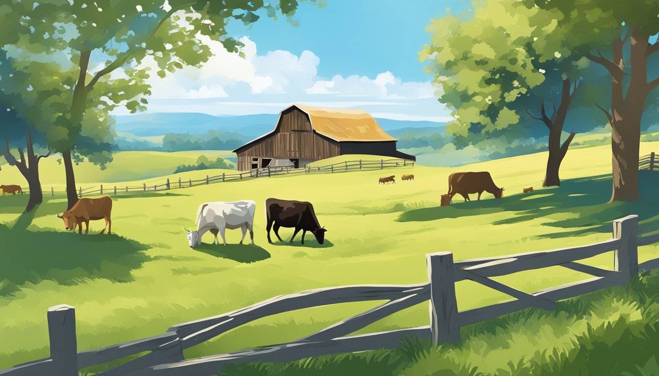 A picturesque landscape with a rustic barn and grazing cattle under a clear blue sky