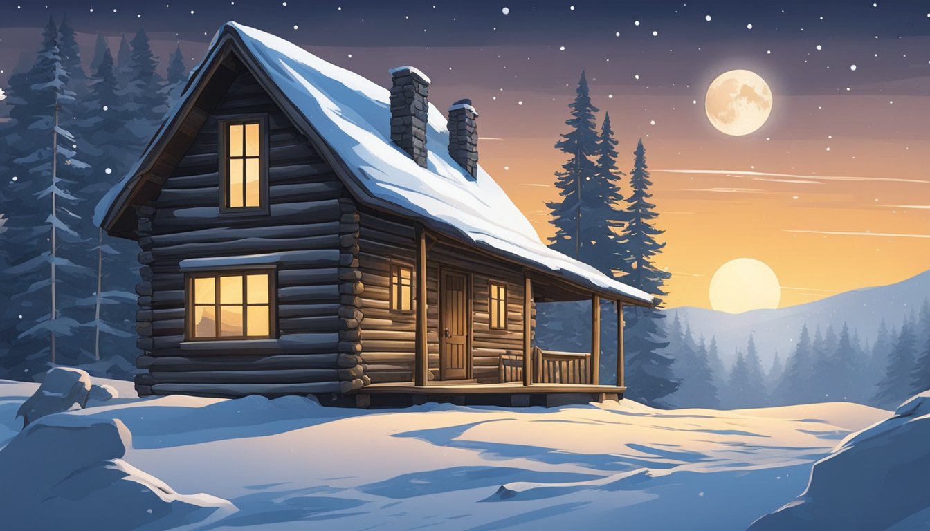 A rustic cabin in a snowy landscape, with a lone wolf howling at the moon