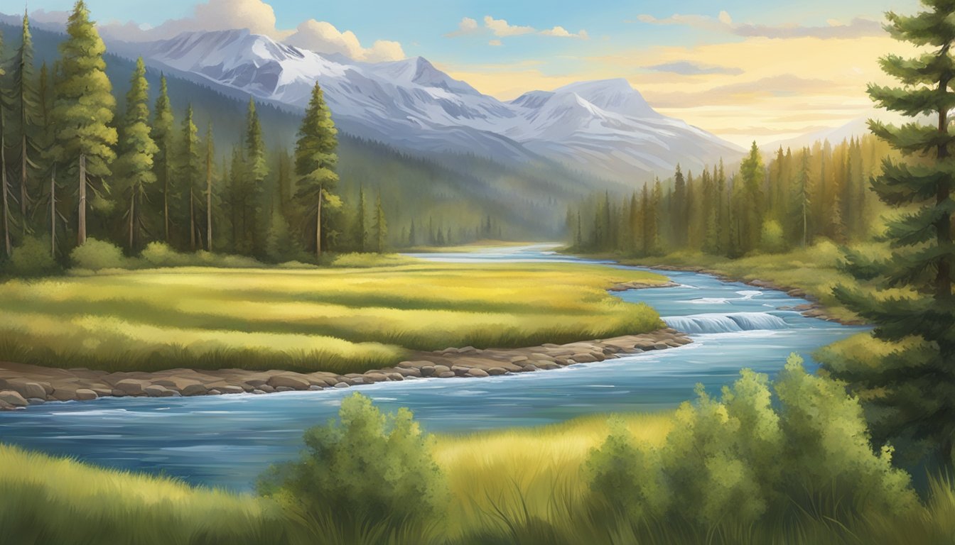 A picturesque landscape featuring a snow-capped mountain, lush greenery, and a flowing river, capturing the essence of all four seasons in the Yellowstone series